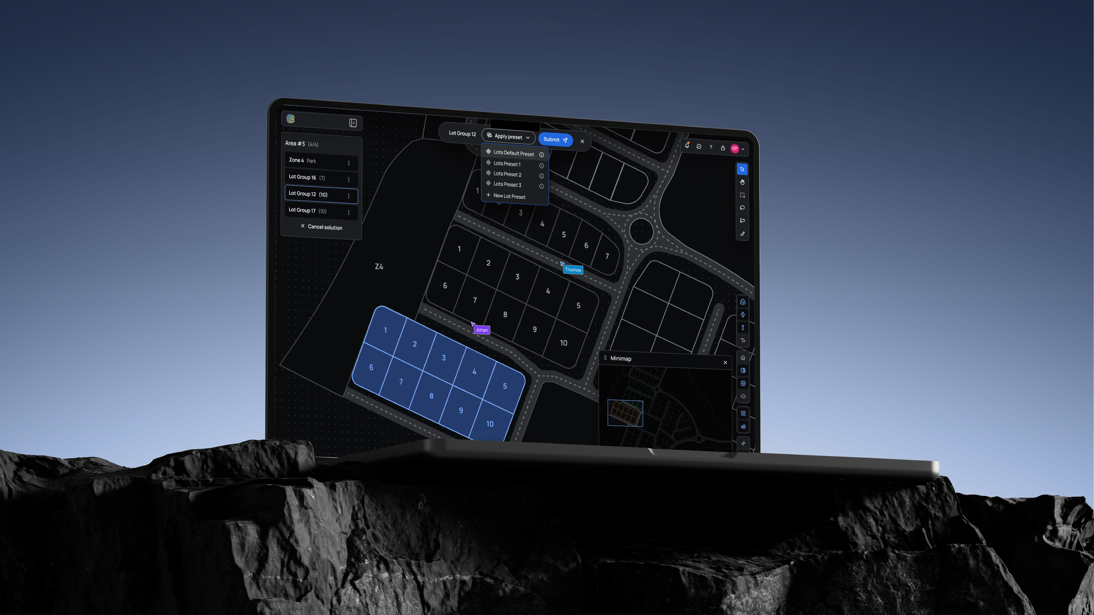 DRTWRK — lot planning interface on a laptop