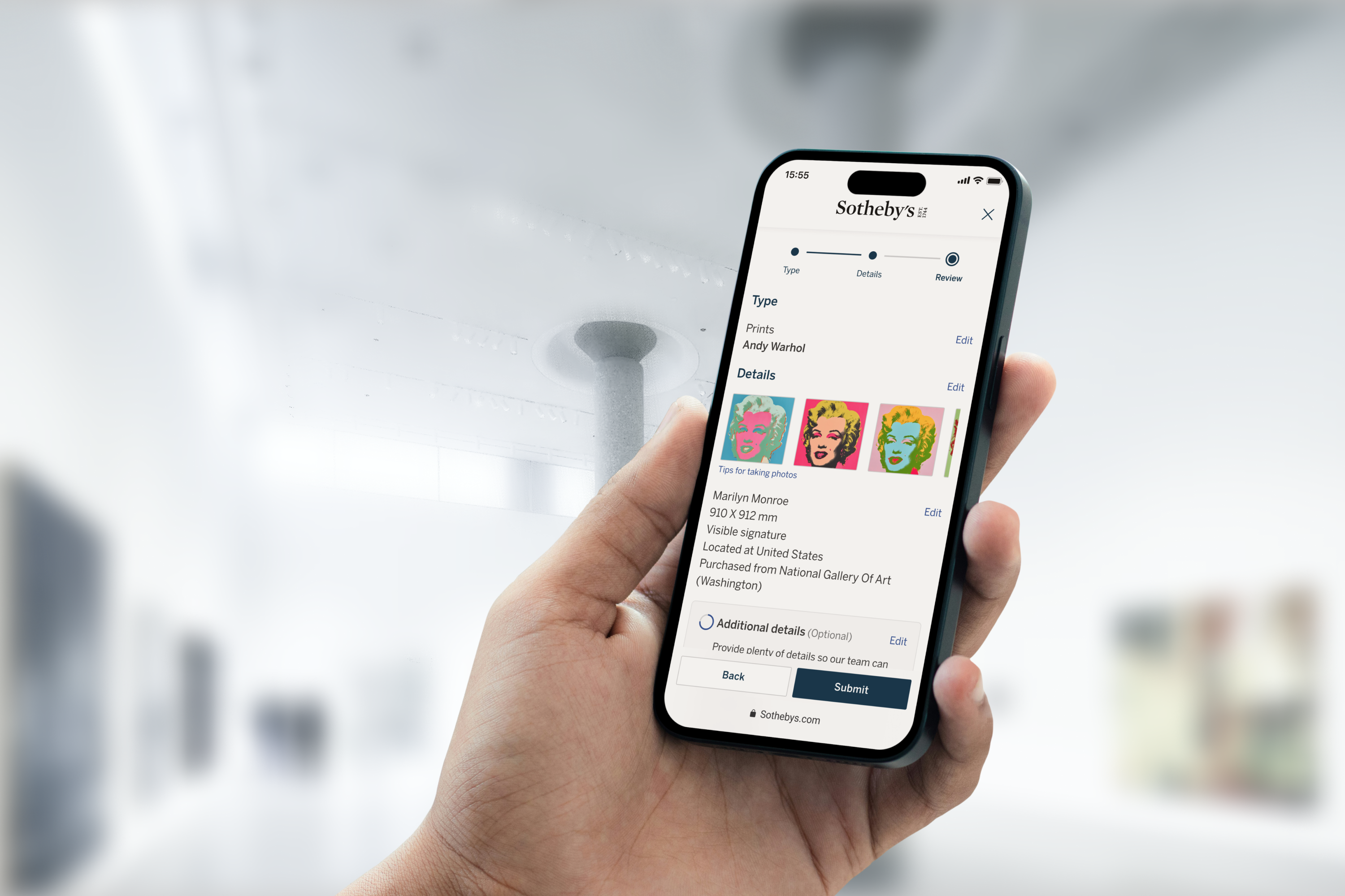 Sotheby's seller portal — consignment review flow on a phone